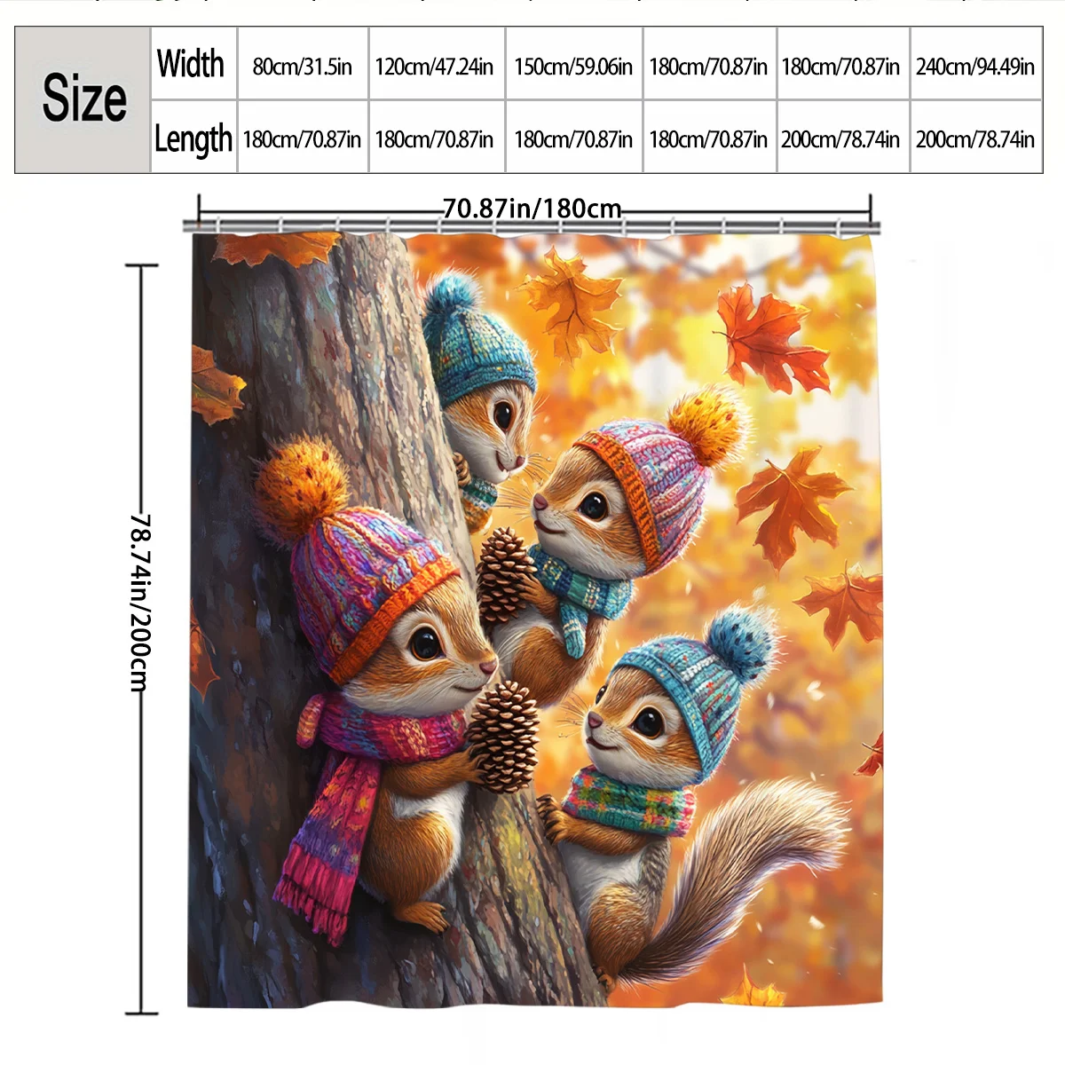 Cute Squirrel Family Autumn Forest Scene Shower Curtain Waterproof Bathroom Decor Gift for Kids