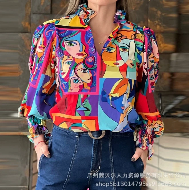 Women's Casual Contrast Color Abstract Figure Print Long Sleeve Lapel Shirt Temperament Commuting Women Fashion Pullover Blouses