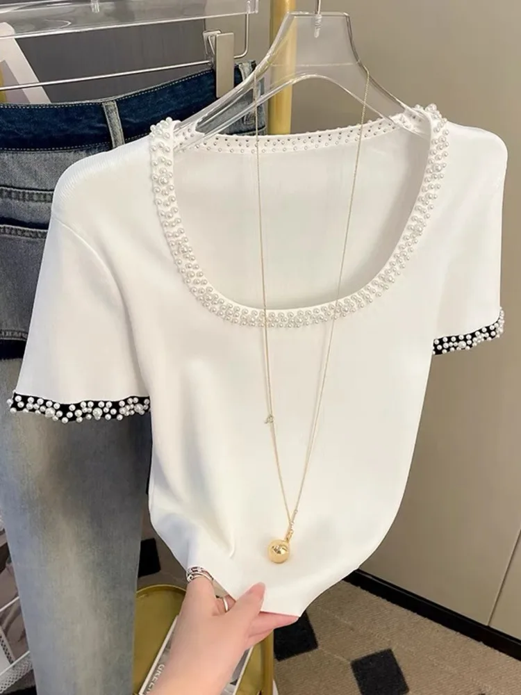 2024 Summer Pearls Beading Knitted Short Sleeved Sweater T-shirt Women Fashion White U Neck Slim Fit Crop Top Pull Femme Jumper