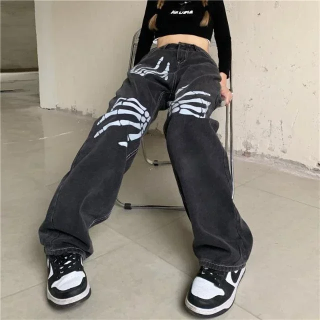 Najlepiej sprzedające się Retro ręka z czaszką dżinsy Streetwear Baggy Slouchy Jeans odzież damska Y2k wysokiej jakości luźna prosta szeroka nogawka