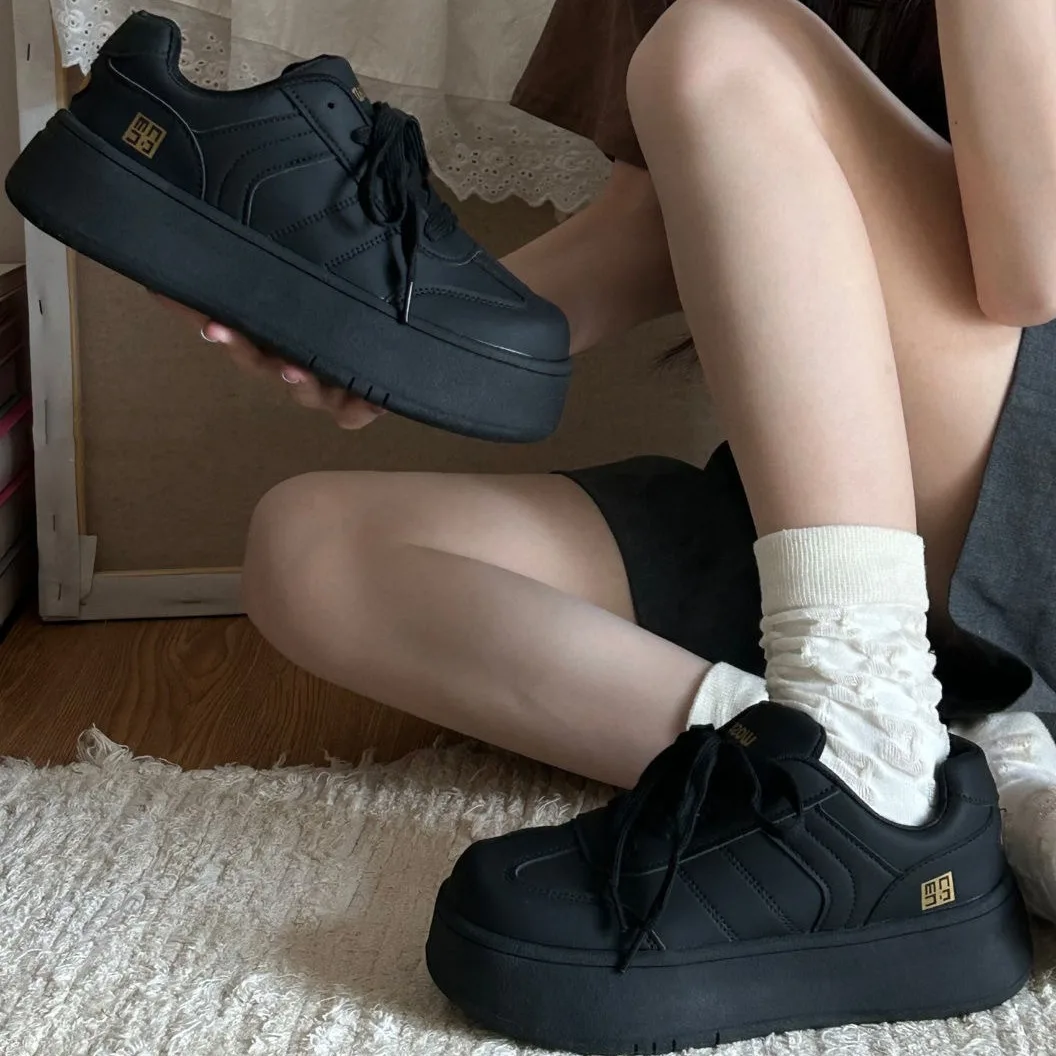 

Elevated Black Thick-Heeled Shoes Women's Sport Retro De Xin Board Shoes Spring New Style Casual Fashion Single Shoes