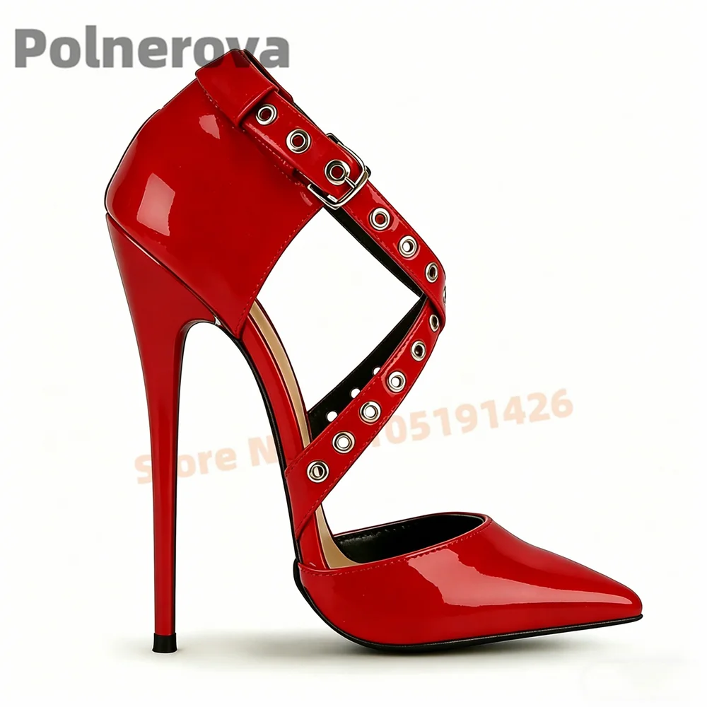 

Cross Strap Patent Leather Pumps for Women 16Cm Stiletto High Heels Pointed Toe Ankle Buckle Side Hollow Out Party Wedding Shoes