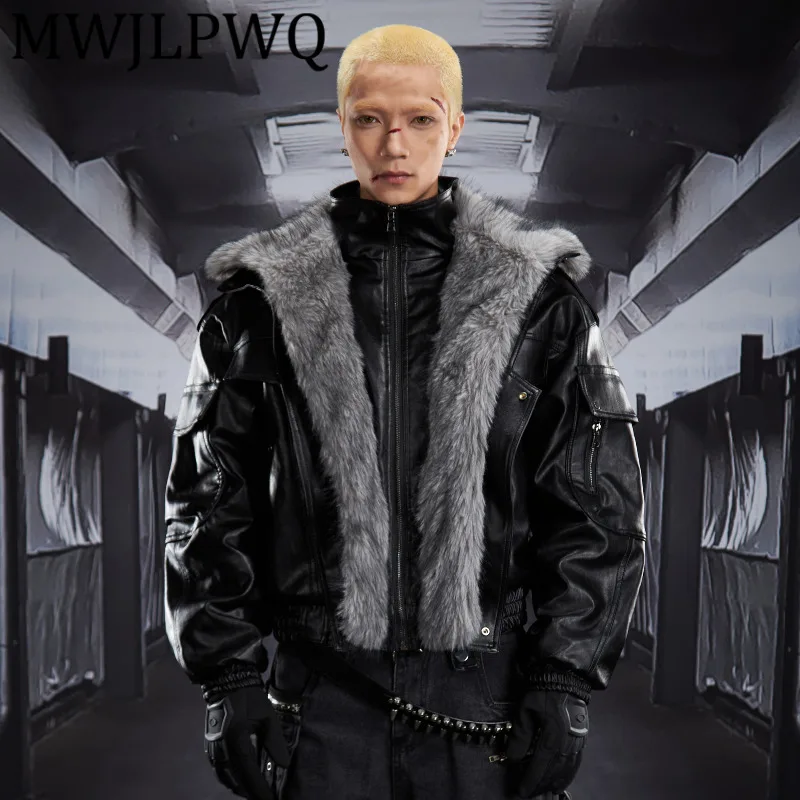 

MWJLPWQ Men's Dark Functional Detachable Fur Collar Deconstructed Heavyweight Padded Leather Jacket Male Thickened Winter 12858