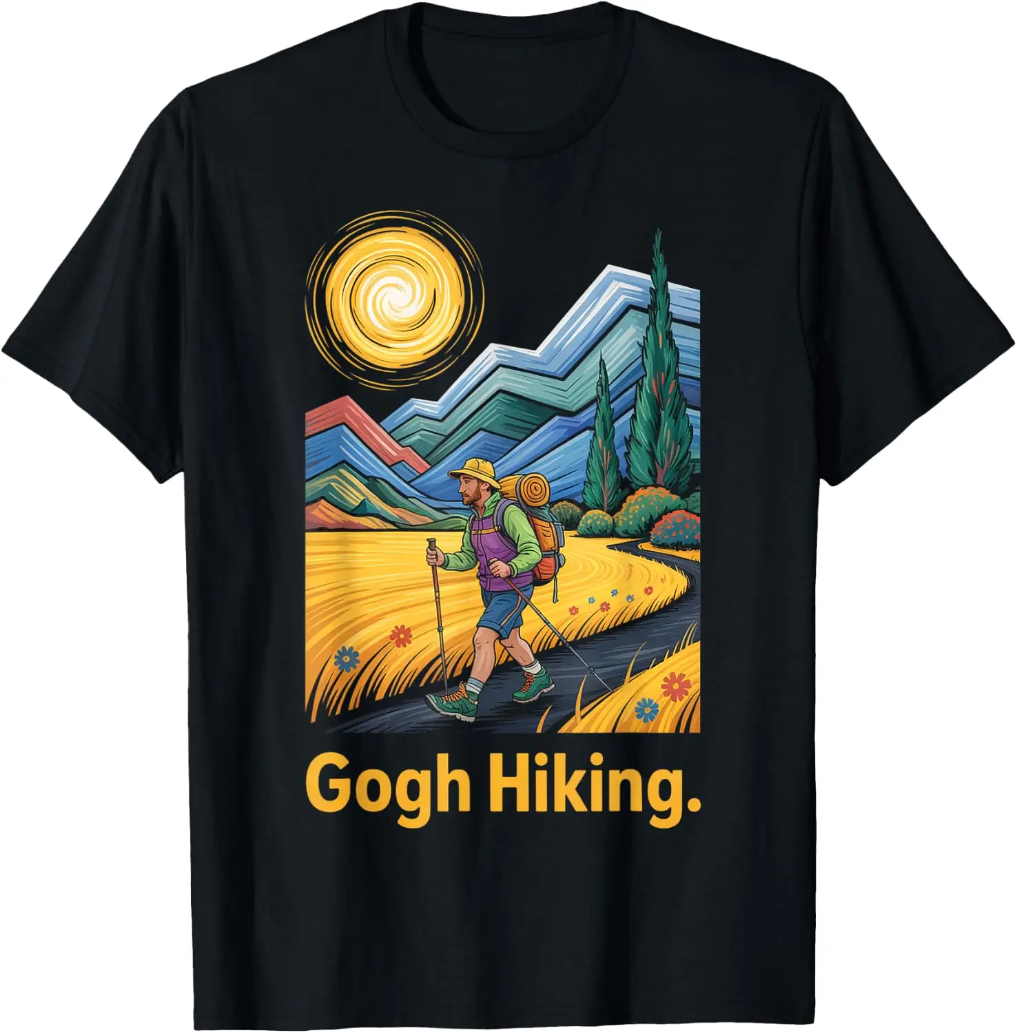 Gogh Hiking Funny Hiker Mountain Trail Painter Outdoor Lover T-Shirt 100% Cotton Trendy Y2K Short-Sleeve Tee – Soft, Quick-Drying, & Moisture-Wicking; Ideal for Sports or Casual Wear; Great Gift for Christmas or Halloween.