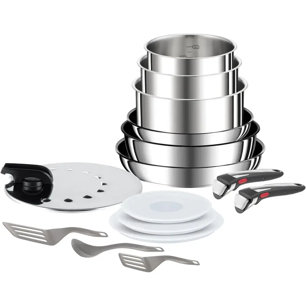 

15-Piece Non-Stick Cookware Set: 2 Frying Pans, 3 Saute Pans, 1 Sautepan, Stainless Steel, with Lids and Utensils