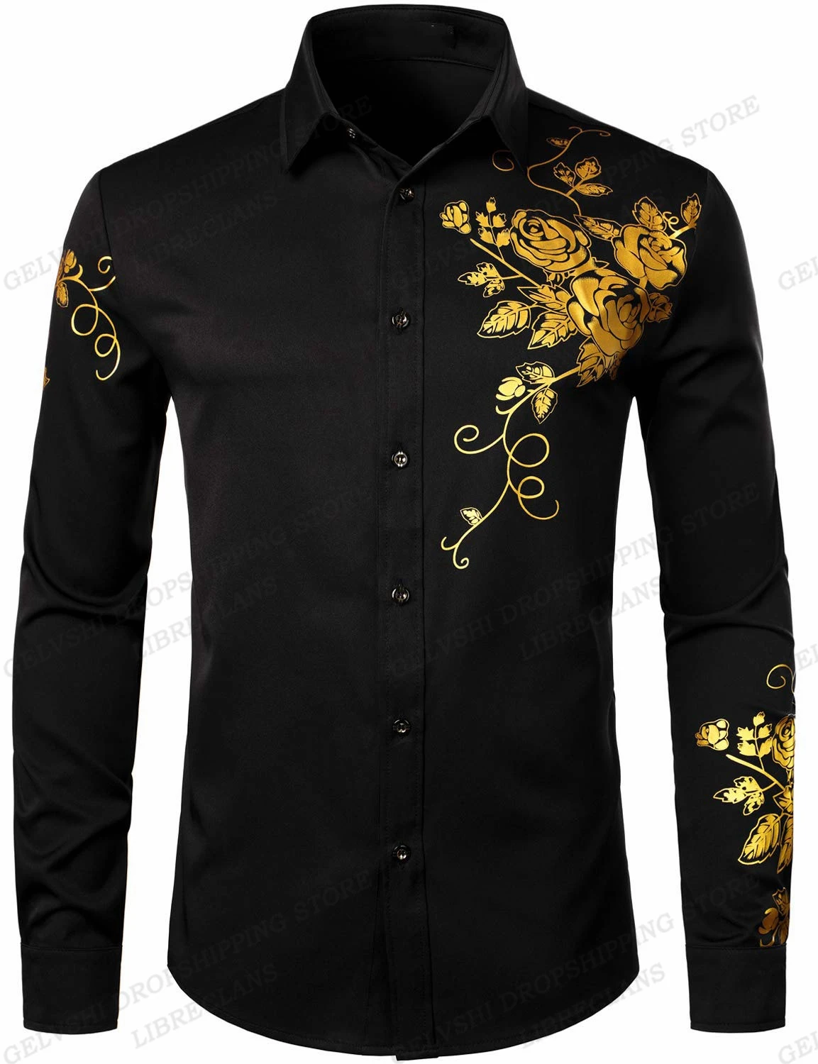 Long Sleeve Hawaiian Shirts Golden Floral Shirts Men Fashion Shirt Casual Beach Blouse Bussiness Camisa Men's Clothing Button Up