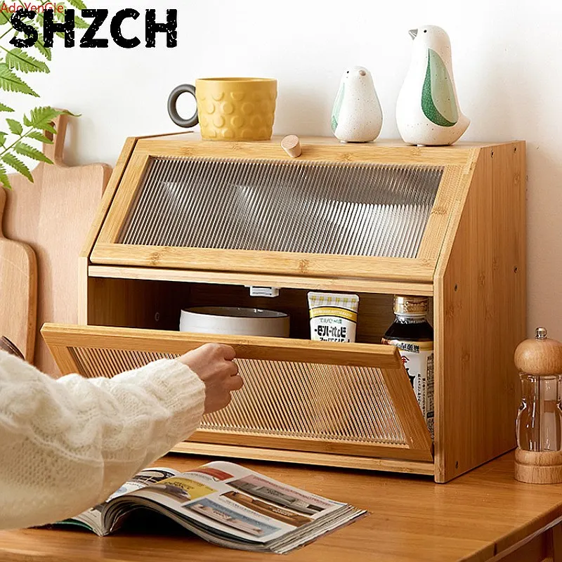Bamboo Trapezoidal Kitchen Side Cabinet 2 Tier Cup Holder Clamshell Storage