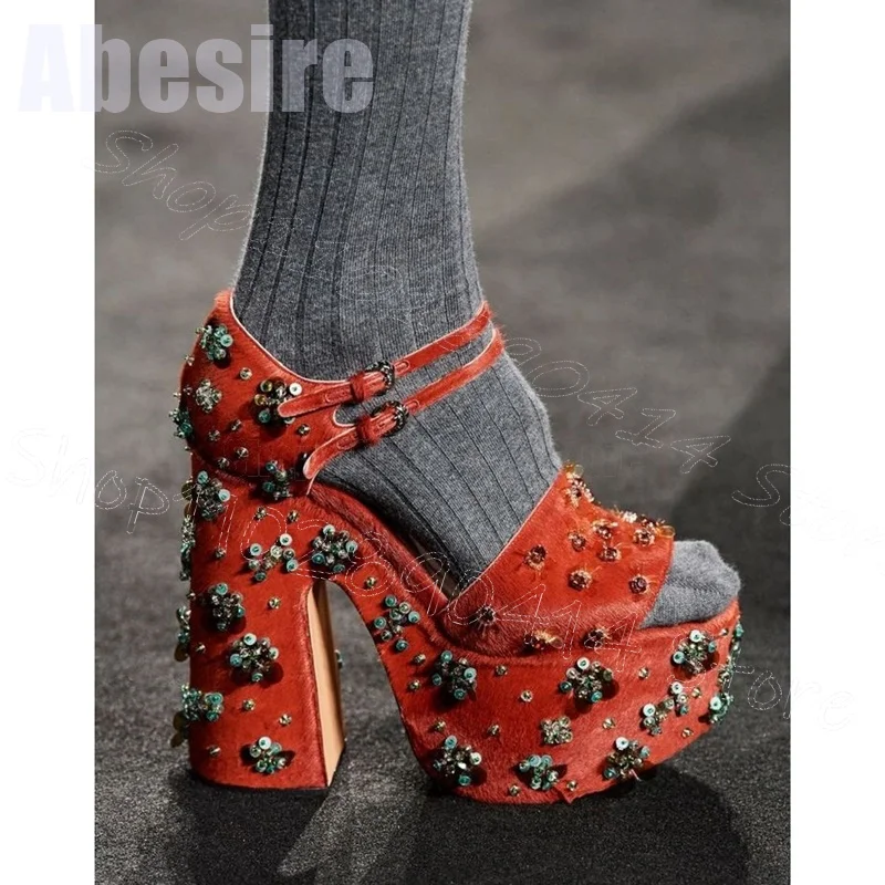 

Orange Horsehair Crystal Flower Platform Sandals Buckle Strap Women Shoes Chunky High Heels Party Feast 2024 Zapatos Para Mujere