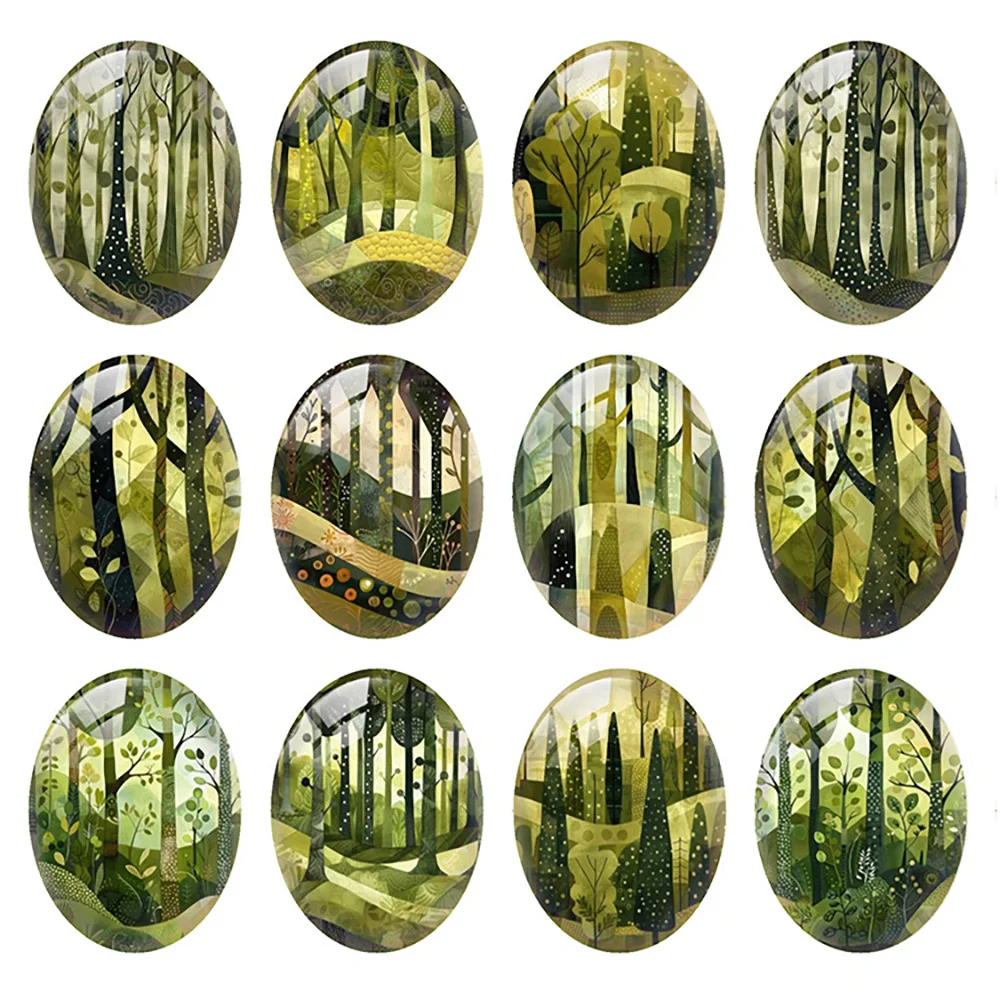 Random Mixed Round/Oval/Square Green Forest Tree Photo Glass Cabochon Flatback Demo Cameo For Diy Jewelry Making