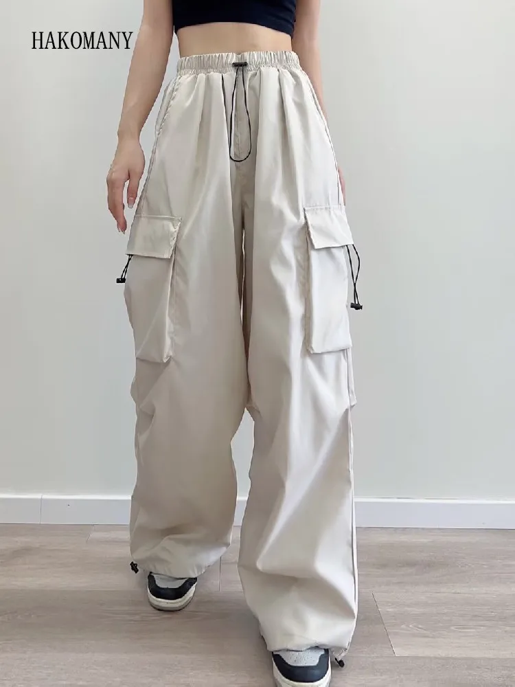 

2023 Woman Street Loose Long Unisex Trousers American Retro Drawstring Elastic Waist Side Pockets Safari Cargo Pants