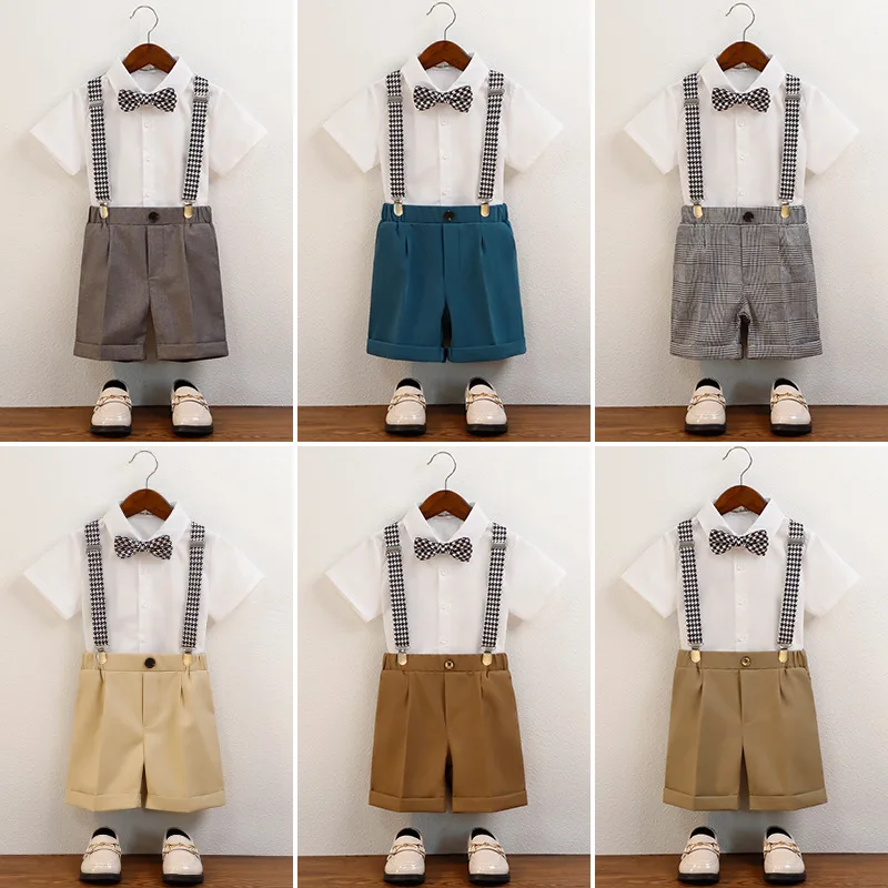 

Children's Spring Summer Strap Clothes Set Boys Short-sleeved Shirt Shorts Bowtie Outfit Kids Wedding Birthday Party Costume