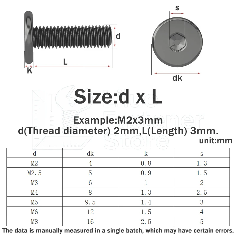 M2 M2.5 M3 M4 M5 M6 Black 304 A2-70 Stainless Steel CM Allen Hexagon Hex Socket Ultra Thin Low Flat Wafer Head Bolt Screws