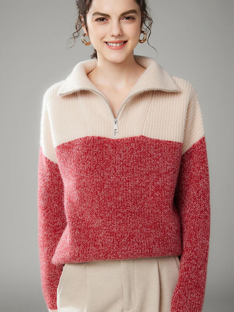 TLOML Chic Women's 100% Cashmere Sweater Turtleneck Color Blocking Half Zipped Pullover Autumn Winter Soft Thicken Casual Tops