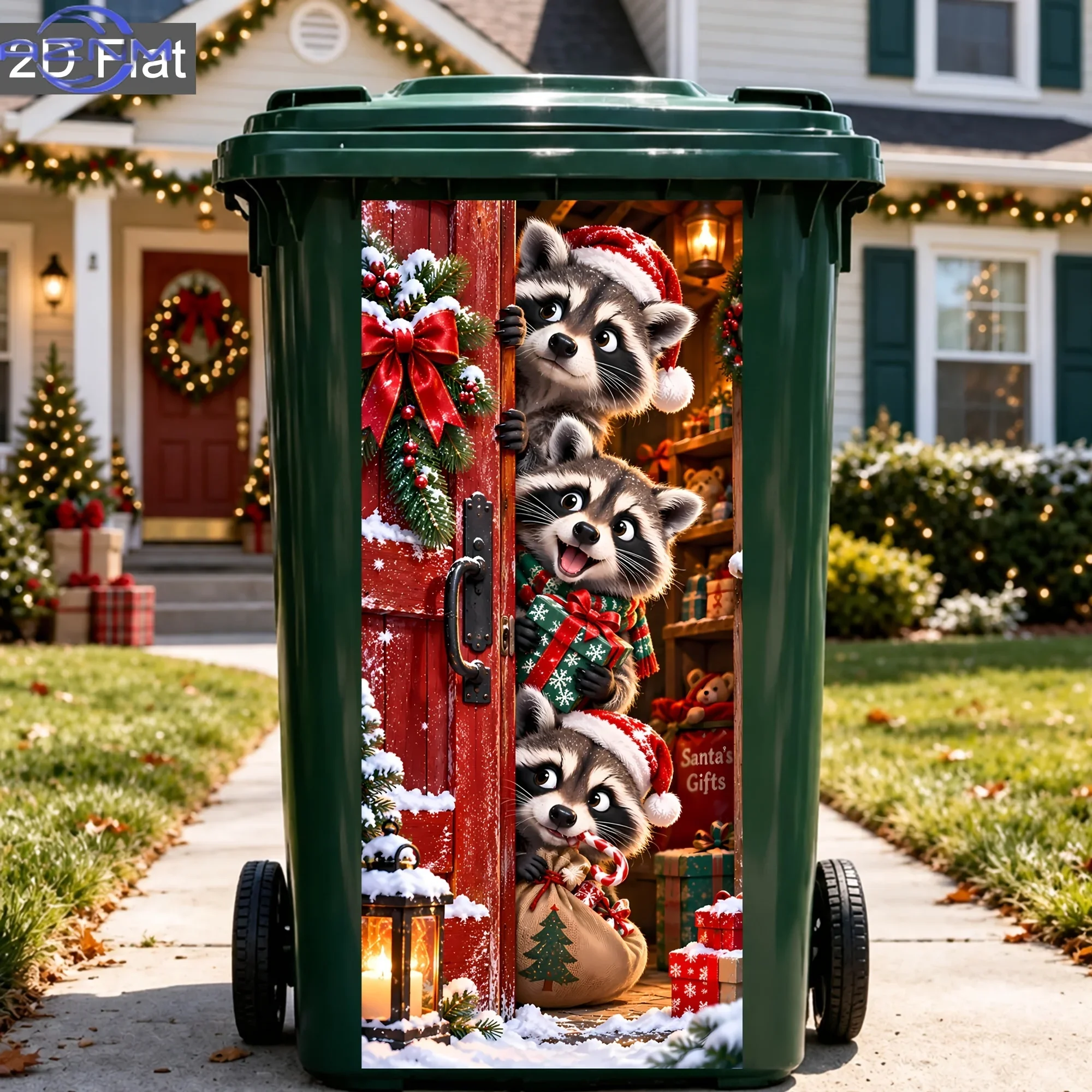 1pc Funny Christmas Wheelie Bin Decal Cute Raccoon And Cow Family Santa Hat Peeking Scene Trash Can Sticker Outdoor Holiday Bi