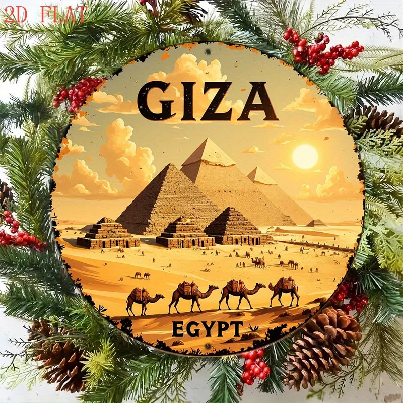 Round Aluminum Wall Round Sign,Giza Pyramids with Camels and Sunset Landscape Design, Holiday Gifts, Classic Home Decor