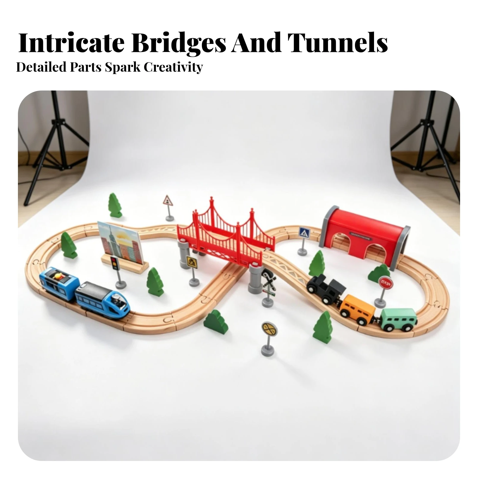 Easy to Connect Interlocking Track Set Miniature Railway Scene Kids Toy Red Bridge