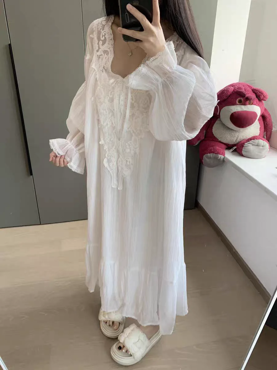 

Korean Style Cute Lace Nightgown for Women Spring and Autumn New Girly Style Loose Casual Home Wear Pajamas Big Size Lady Sleep