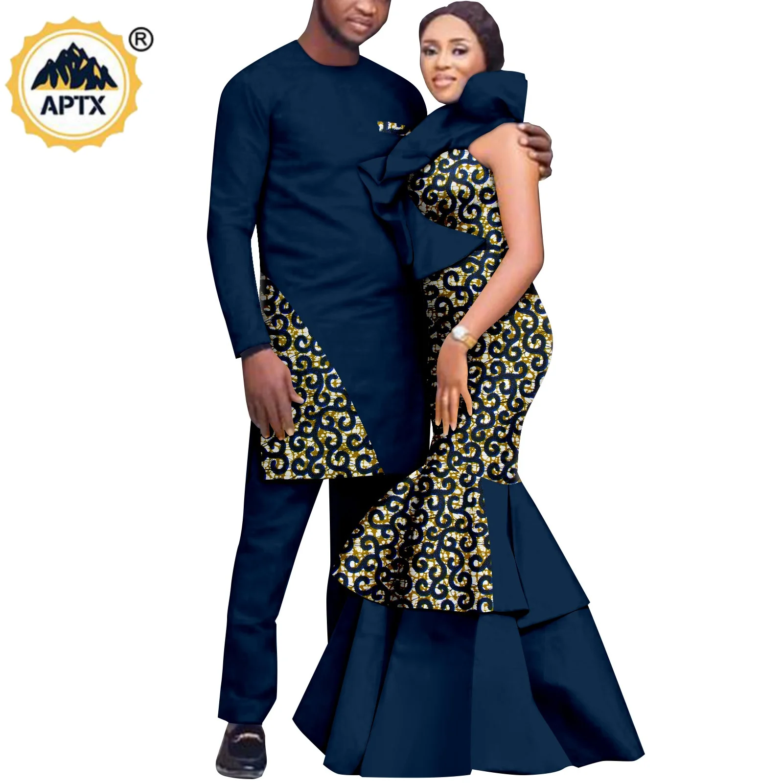 

African Print Mermaid Long Dresses for Women Matching Couple Outfits Bazin Riche Men Kaftan Top and Pant Sets Vestidos Y23C077