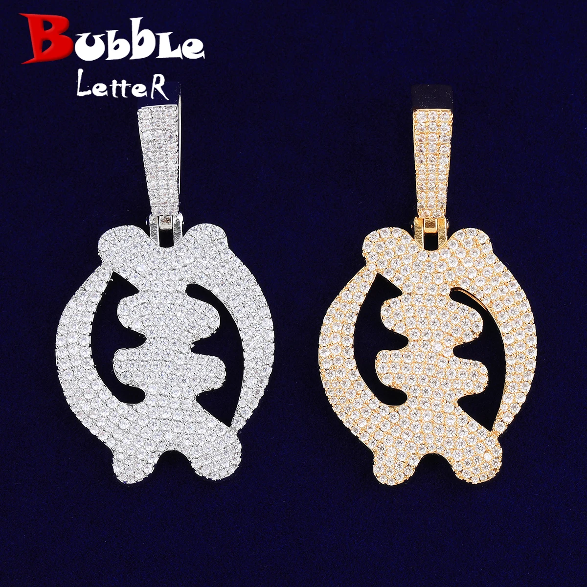 Bubble Letter Iced Out Fish Bone Necklace Pendant for Men Prong Setting Gold Plated Nigerian Charms Hip Hop Jewelry