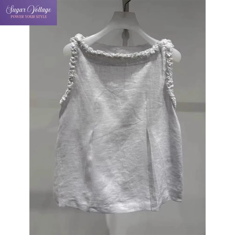 

Y2K уличная одежда в корейском стиле, майка, женская летняя блузка без рукавов, жилет с рюшами и отделкой, свободный крой, повседневный винтажный милый наряд 2025