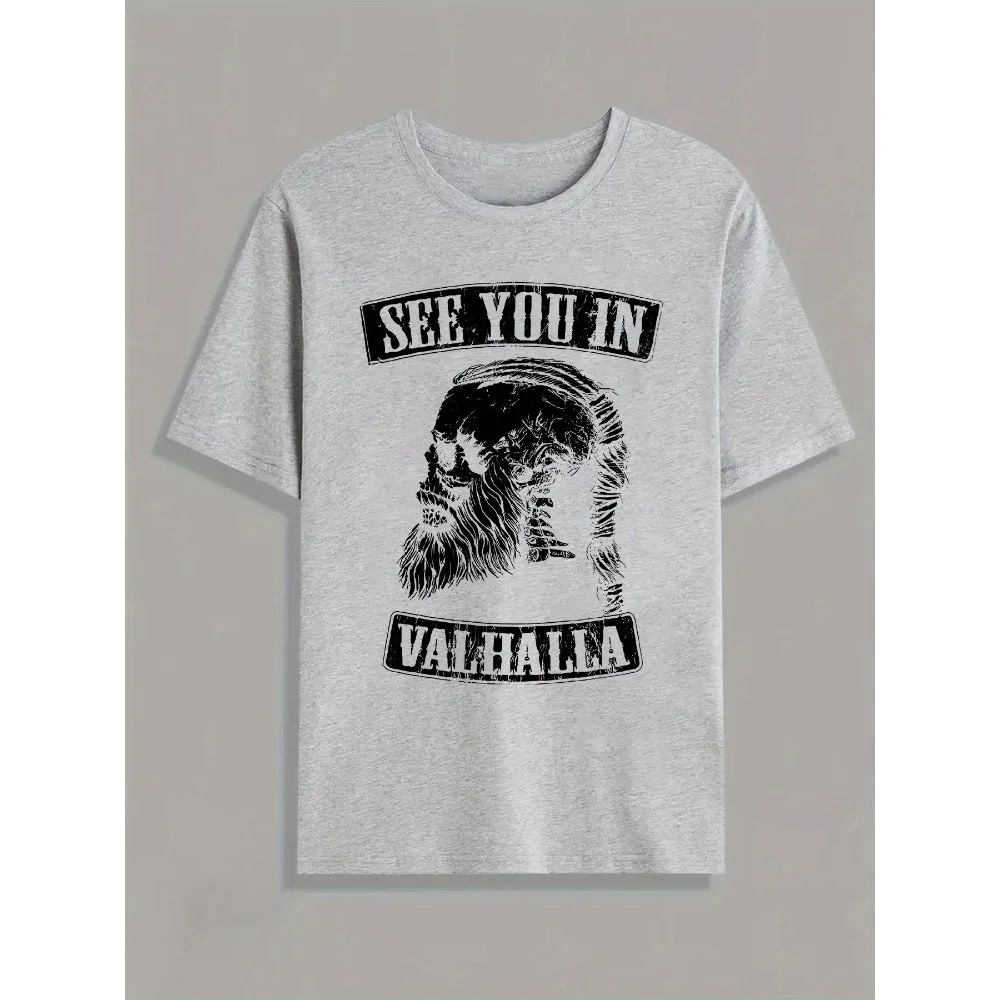 

Men'S Creative Top with Valhalla-Themed Print, Casual Short-Sleeve Round-Neck Thin T-Shirt, Suitable for Summer And Spring,