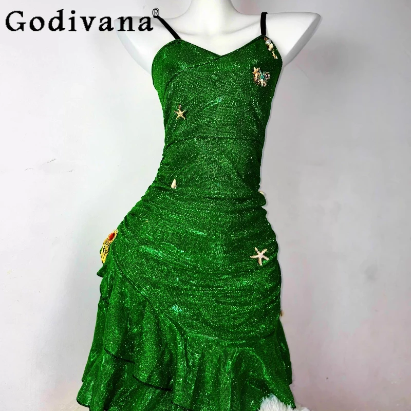 Abito da principessa verde originale fatto a mano per donna Abito sexy a coda di pesce avvolgente a vita alta Abito Lolita senza maniche femminile