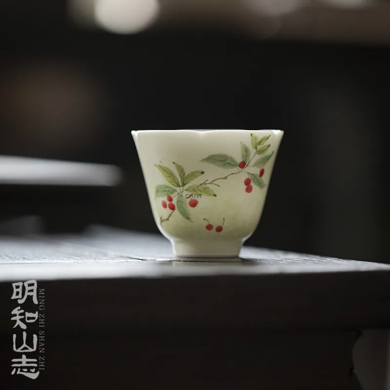 

Jade Cherry Cloud Spirit Tea Cup Hand-painted Ceramic Flower Mouth Tasting Cup Kung Fu Tea Set
