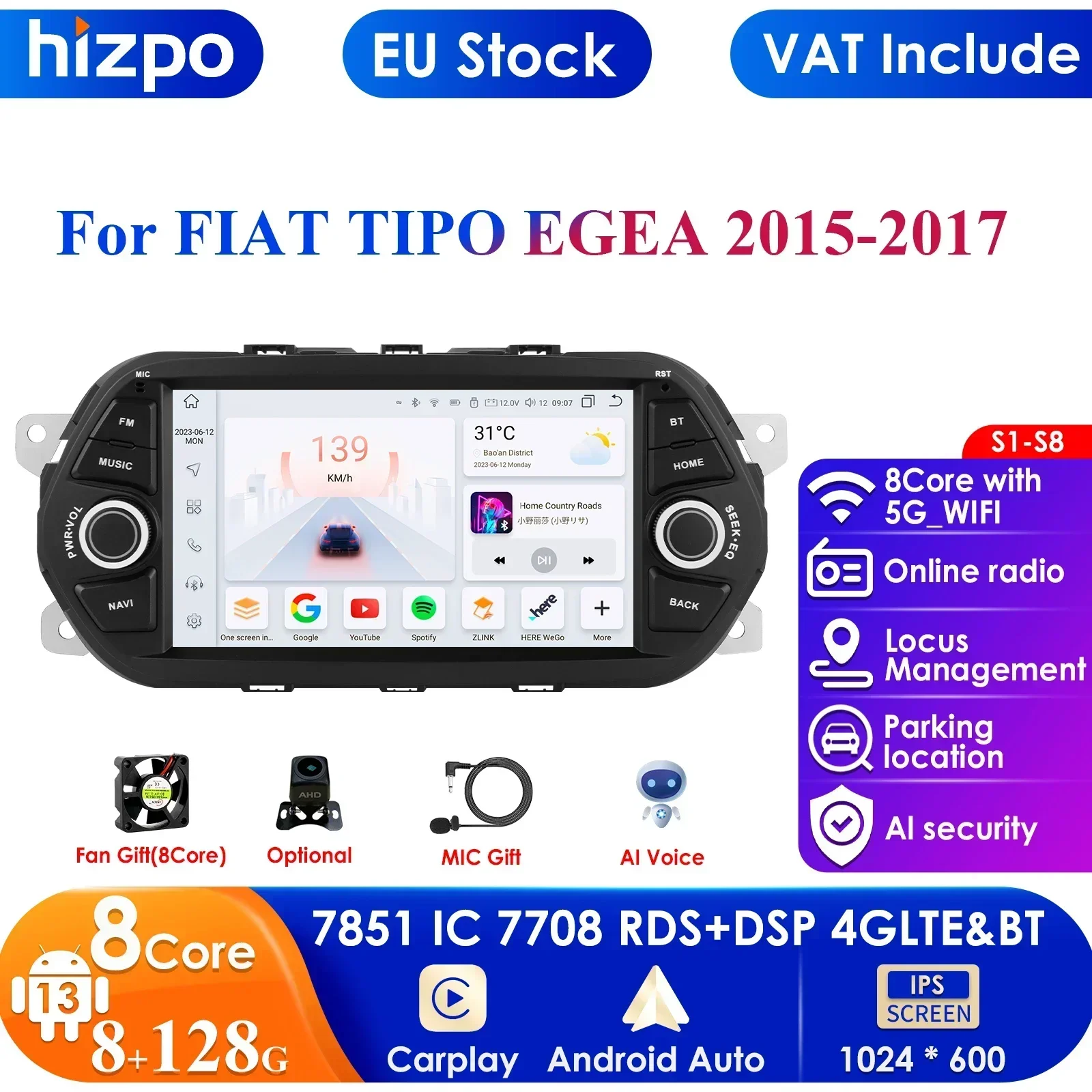 7 ''7862 schermo intelligente 2din Android autoradio lettore Video multimediale per Fiat Tipo Egea