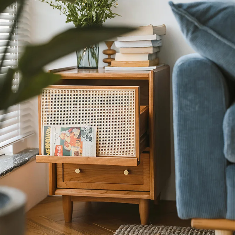 

Nordic solid wood bedside table Small cabinet next to the bed, small Japanese rattan simple and narrow cabinet storage cabinet