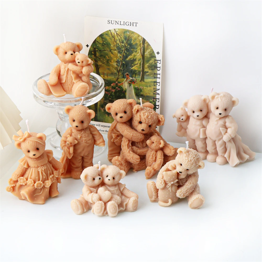 3D Bear Family Candle Mold DIY Teddy Bear Scented Candle Plaster Mold Animal Soap Resin Making Tool Home Decor Handmade Gifts