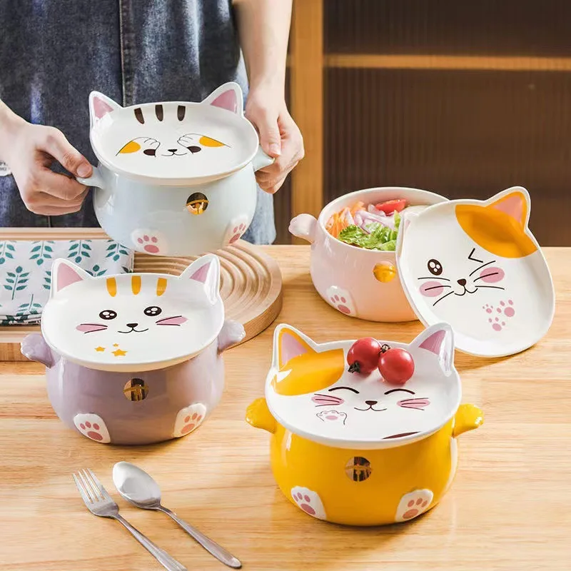 1100ml Cartoon Cat Ceramic Instant Noodle Bowl With Lid Underglaze Color Soup Salad Bowl Kitchen Student Lunch Box