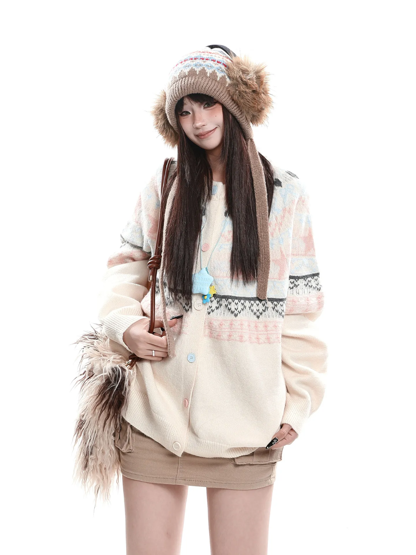 

Корейский мягкий уютный вязаный кардиган в стиле Fair Isle для женщин, осенне-зимний новый свободный кардиган-пальто в стиле Lazy Sle