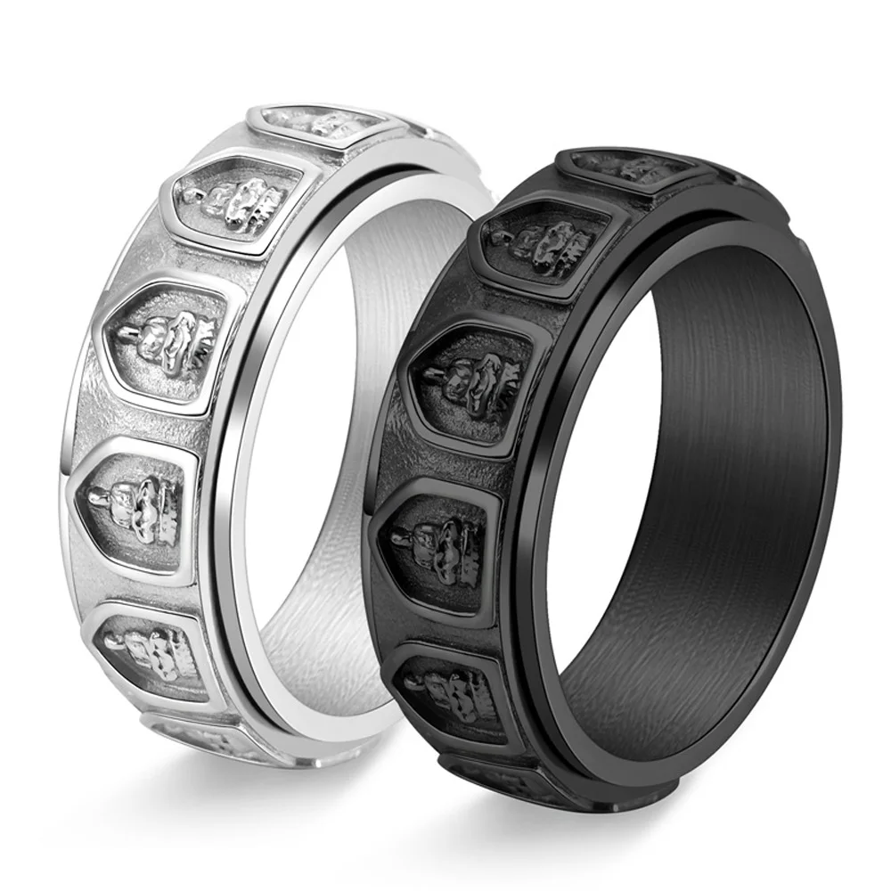 Men's 18K Gold Plated Titanium Steel Spinner Ring Buddhist Arhat Engraved Rotating Jewelry Meditation Gift for Men