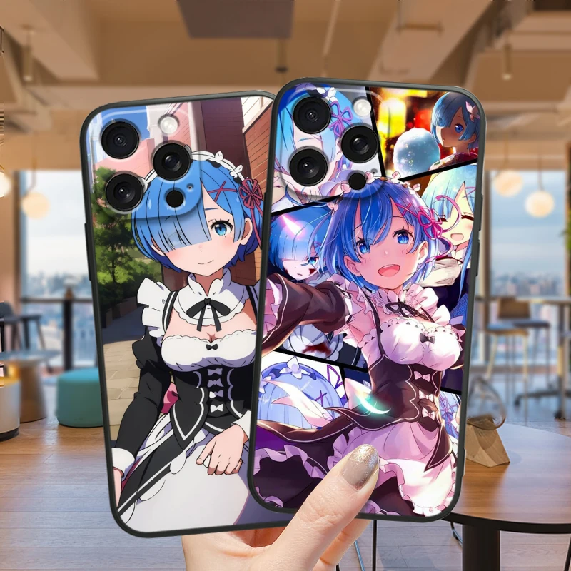 Re Zero Rem Emilia For iPhone 15 14 13 12 11 XS XR X 8 7 SE Pro Max Plus Mini Black Cover Phone Case