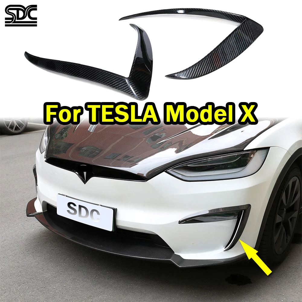 Real Dry Carbon Fiber Front Canards For TESLA Model X Plaid 2021+ Front Bumper Splitters Trims Foglight Frame 2 PCS/SET