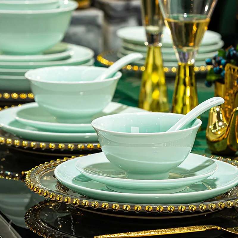 Celadon tableware housewarming gift-giving underglaze colored bowls, plates and plates set, household high-end sense