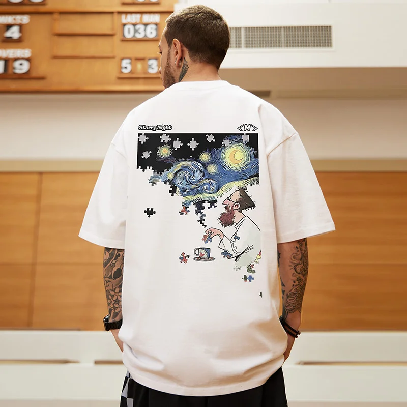 

Летние футболки с рисунком «Звездная ночь» для мужчин, уличная одежда Y2K, хлопковые футболки большого размера, топы с короткими рукавами и круглым вырезом, одежда