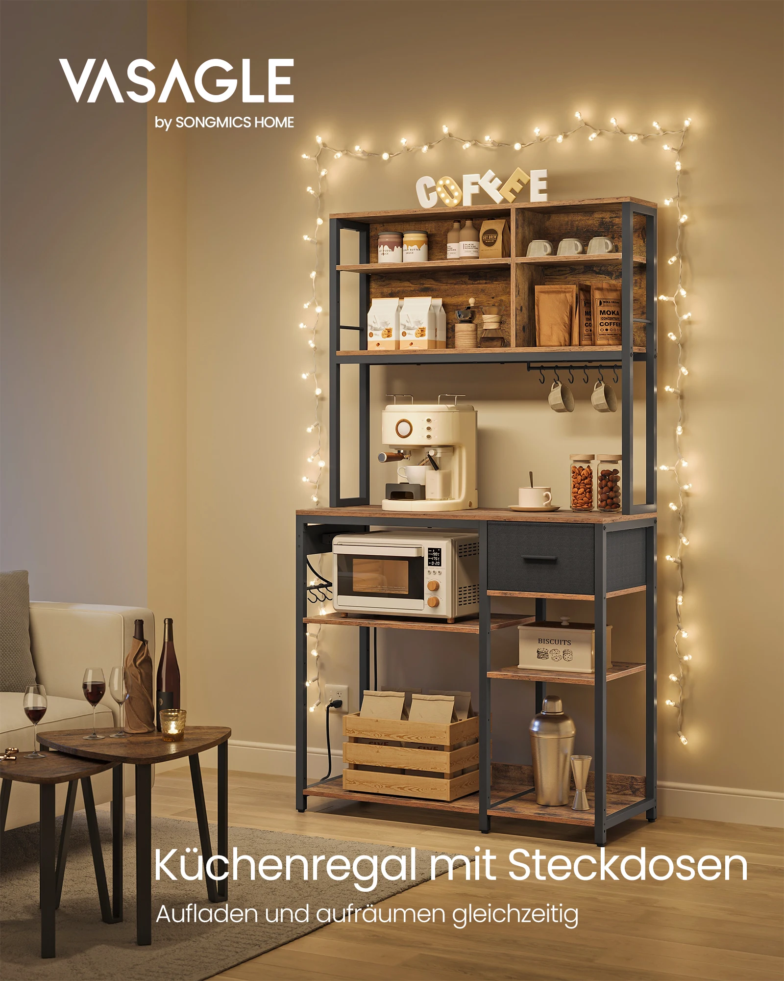 VASAGLE Küchenregal mit Steckdosen, Standregal, 40 x 100 x 180,4 cm, Backregal, verstellbare Ablagen, Stoffschublade,  braun