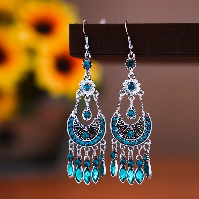 Fashion Vintage Delicate Flower Bohemian Dangle Drop Earrings For Women Boho Crystal Rhinestone Wedding Female Jewelry Earrings