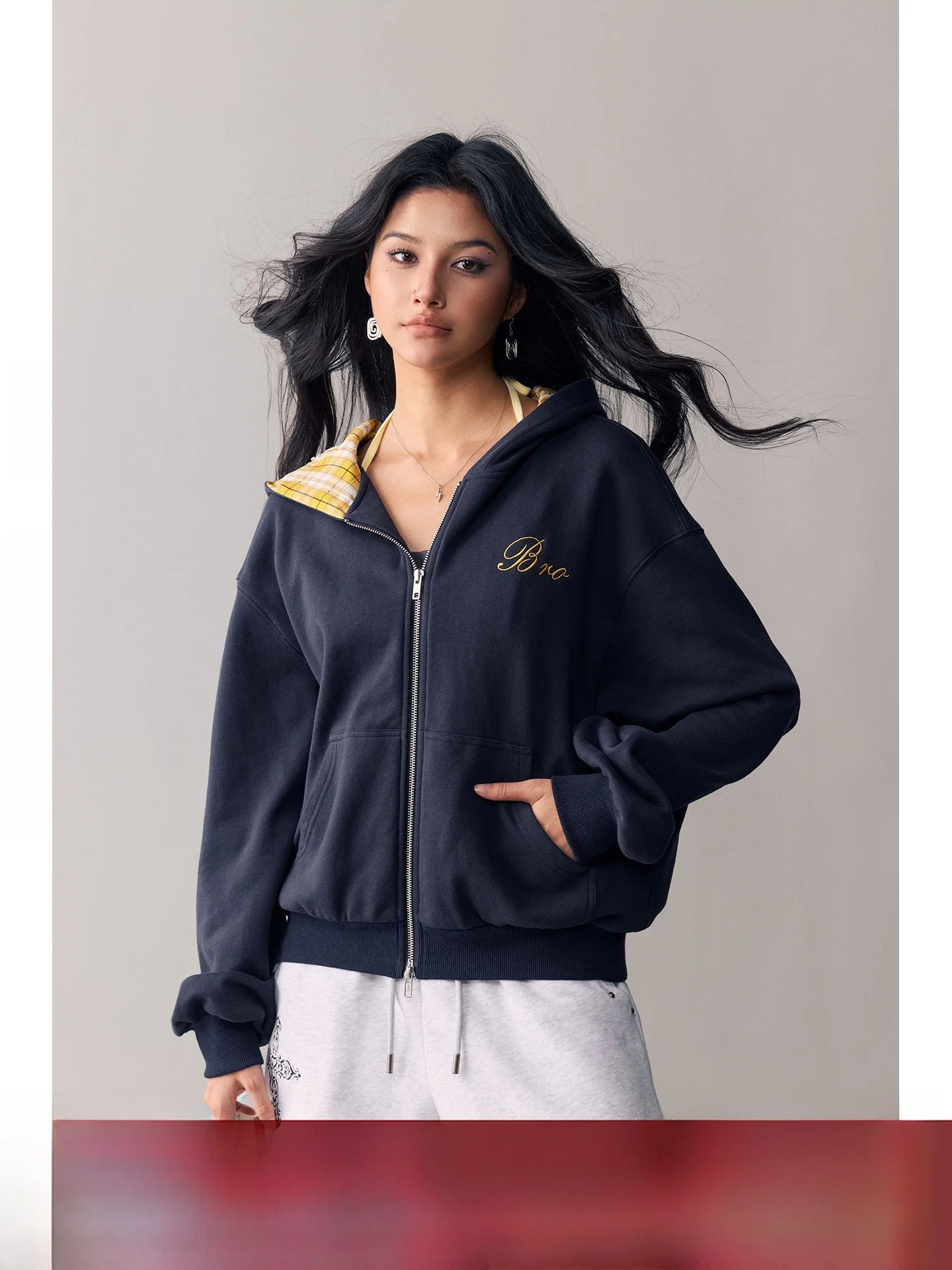 

BeerBro Retro Sound Selected Pure Cotton Plaid Embroidered Hoodie Jacket Women's Loose Fit Long Sleeve Zipper Closure Cardigan