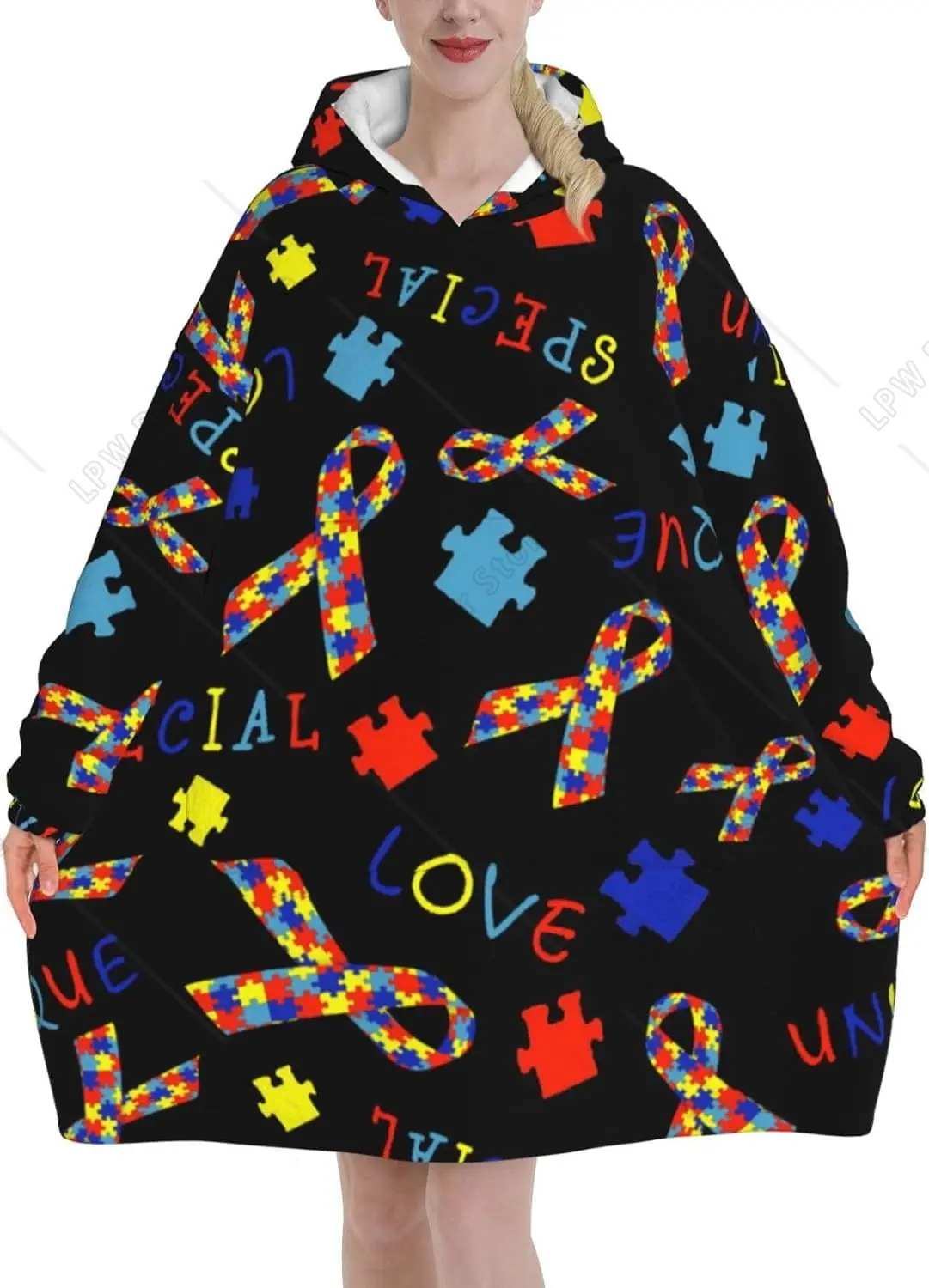 

Autism Awareness Ribbon Adult Flannel Wearable Plush Blanket With Pockets Ultra Soft Plush Warm Hoodie