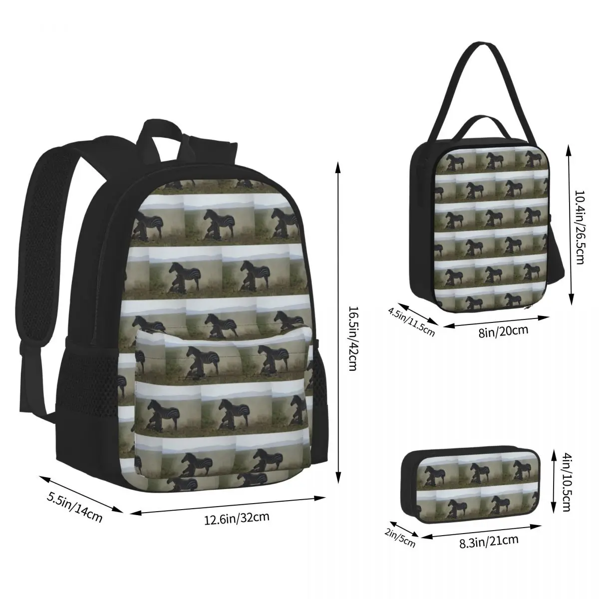 Zebras At Play Backpacks Kids Bookbag School Bags Rucksack Lunch Bag Pen Bag Three-Piece Set