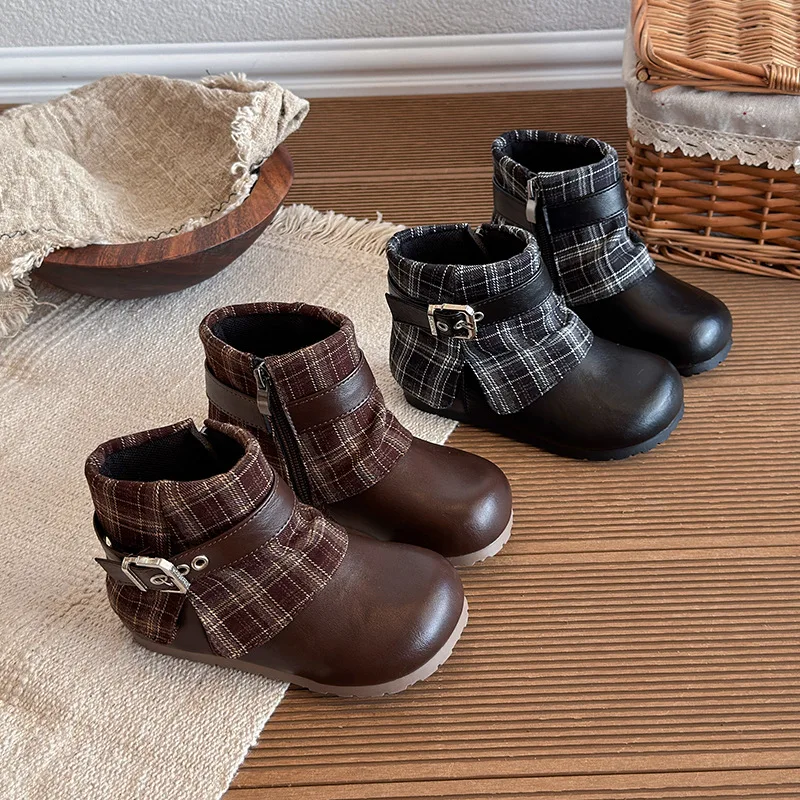 Kids'Boots Color Blocking Buckle PU Leather Fashion Autumn Shoes For Children  Anti-slip Warm Black Brown Shoes Size 23-35