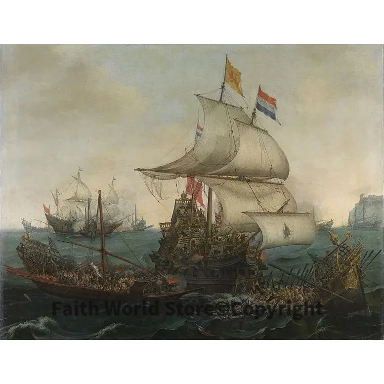 GOOD quality Dutch Netherland Dutch ships ramming Spanish galleys off the English coast, print painting