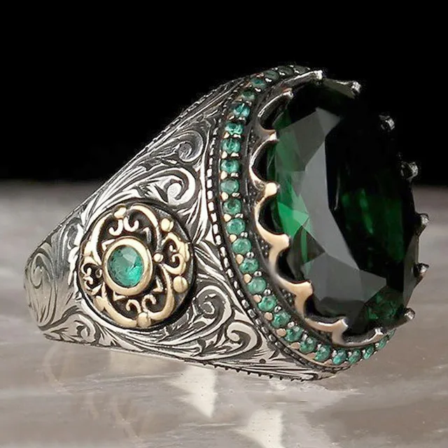 Retro handgemachter türkischer Siegelring für Männer Vintage Silber Farbe Schnitzmuster Inlay grüner Zirkon Party Punk Motor Biker Ring