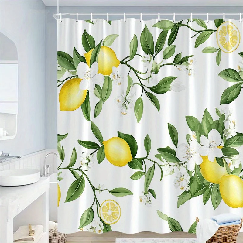 

1 шт., занавеска для душа с ботаническим принтом ветки лимона, полиэфирная ткань, можно стирать в машине, подходит для украшения ванной комнаты