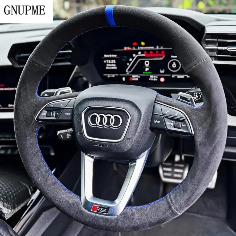 Custom Anti-Slip Suede Leather Car Steering Wheel Cover For Audi Q3 F3 Q5 FY SQ7 Q8 SQ8 RS Q3 Q8 (D Shape) Avant Steering Wrap