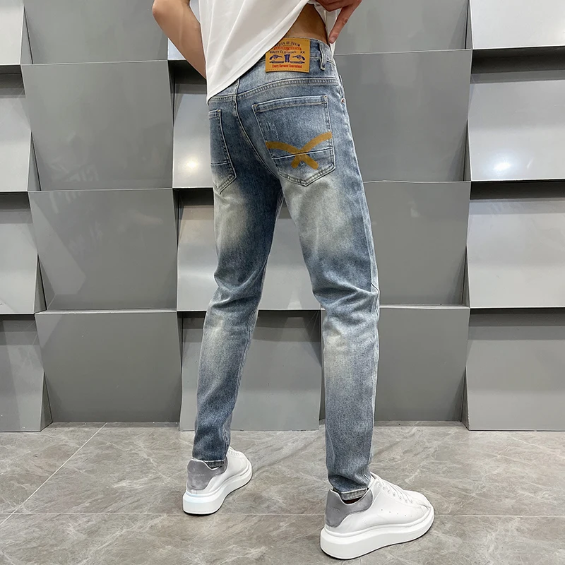 

2024New Summer Thin Menswear Light Blue Jeans Men's High-End Simple Casual Stretch Slim Straight Pants