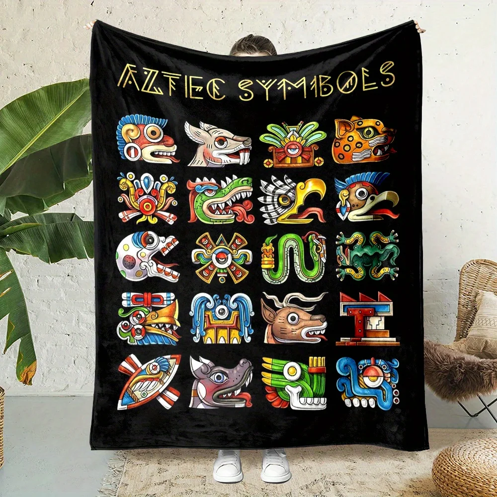 ​​Tribal Aztec Print Blanket - Reversible Geometric Flannel for Boho Comfort, Cultural Decor & Artistic Gift Style​