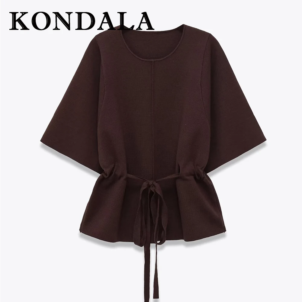 KONDALA Vintage Sashes High Street Women Sweaters Luxurious Fashion 2025 Autumn Knitted Elegant Chic Half Sleeve Female Sweaters